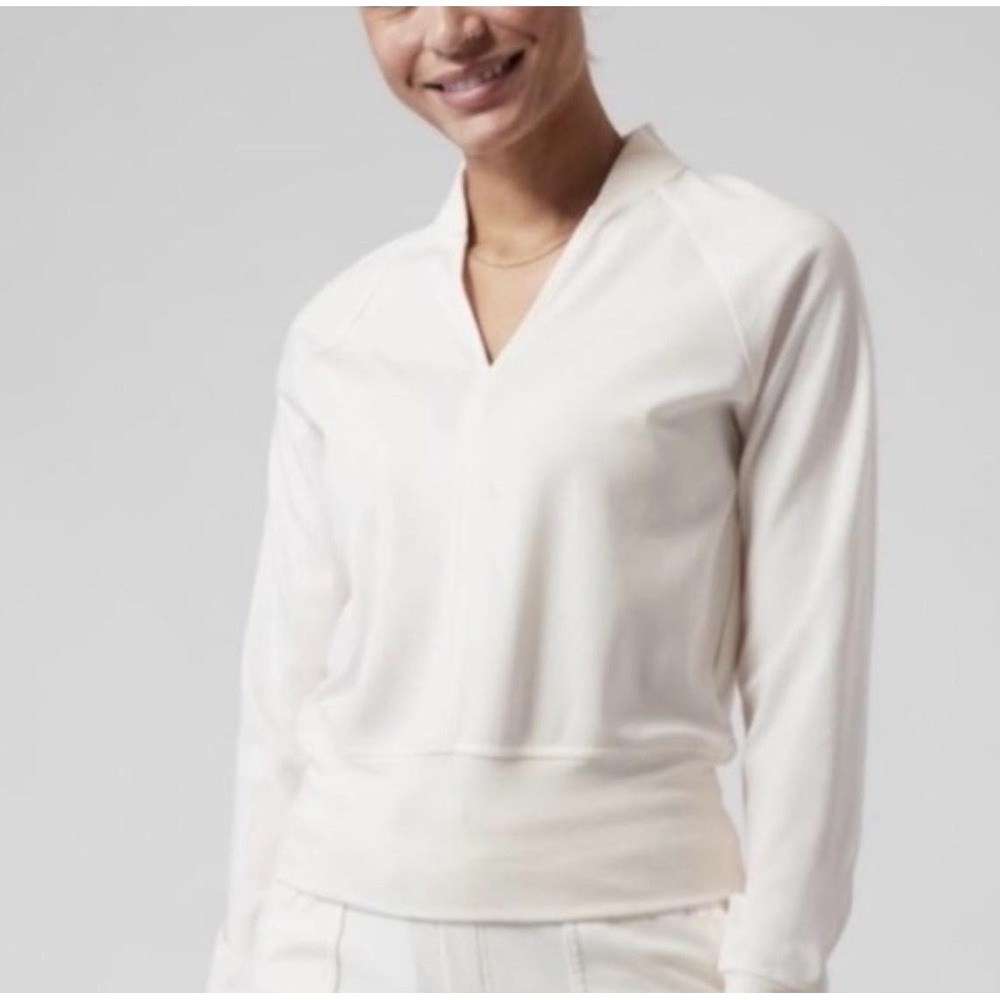Athleta Sweatshirt Womens 2X White Eastbound Pullover V-Neck Terry Stretch SP22